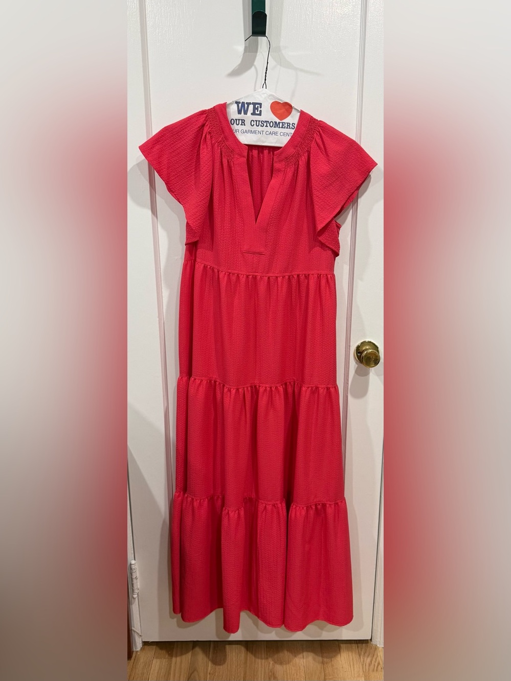 Calvin Klein Coral Tiered Midi Dress with Flutter Sleeves